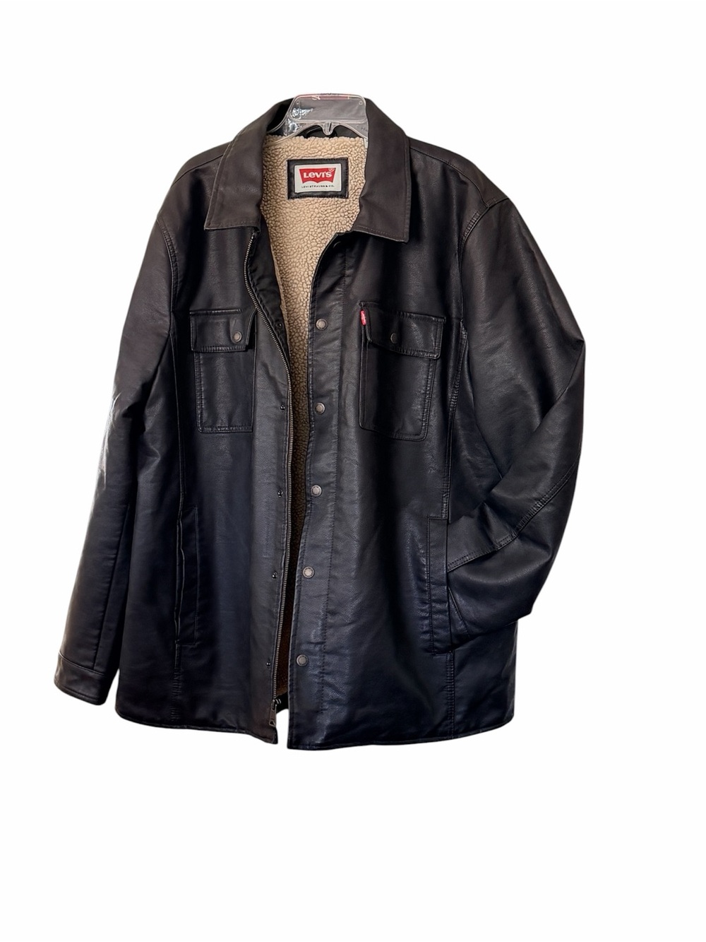 Levi's Black Leather Bomber Jacket with Cream Sherpa